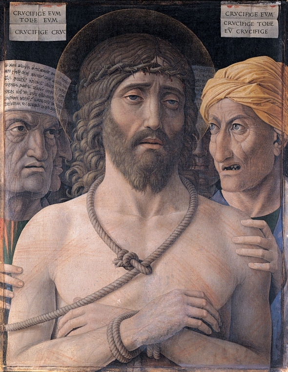 Andrea Mantegna_Ecce Homo, painted around 1500_Ecce Homo are the Latin words "Behold this man" spoken by Pontius Pilate in John chapter 19, verse 5, when he presents a scourged Jesus to the hostile crowd just before His Crucifixion.
